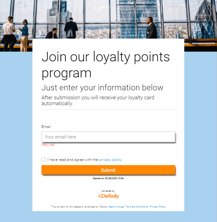 Tellody's Loyalty Registration page